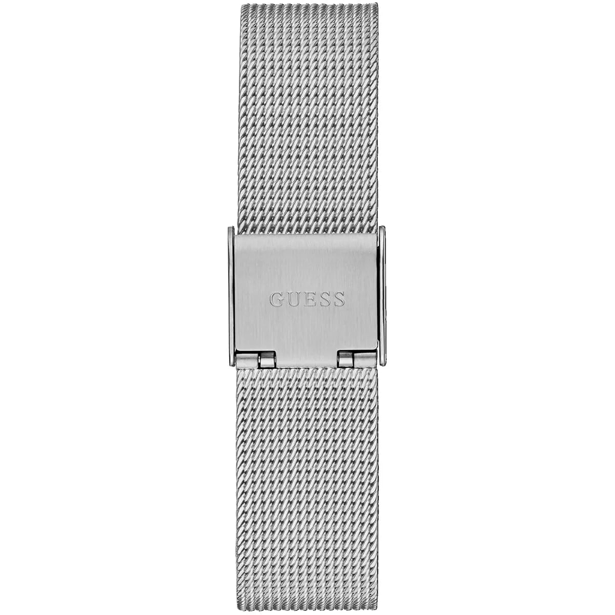 Close-up of silver mesh bracelet with Guess brand clasp detail