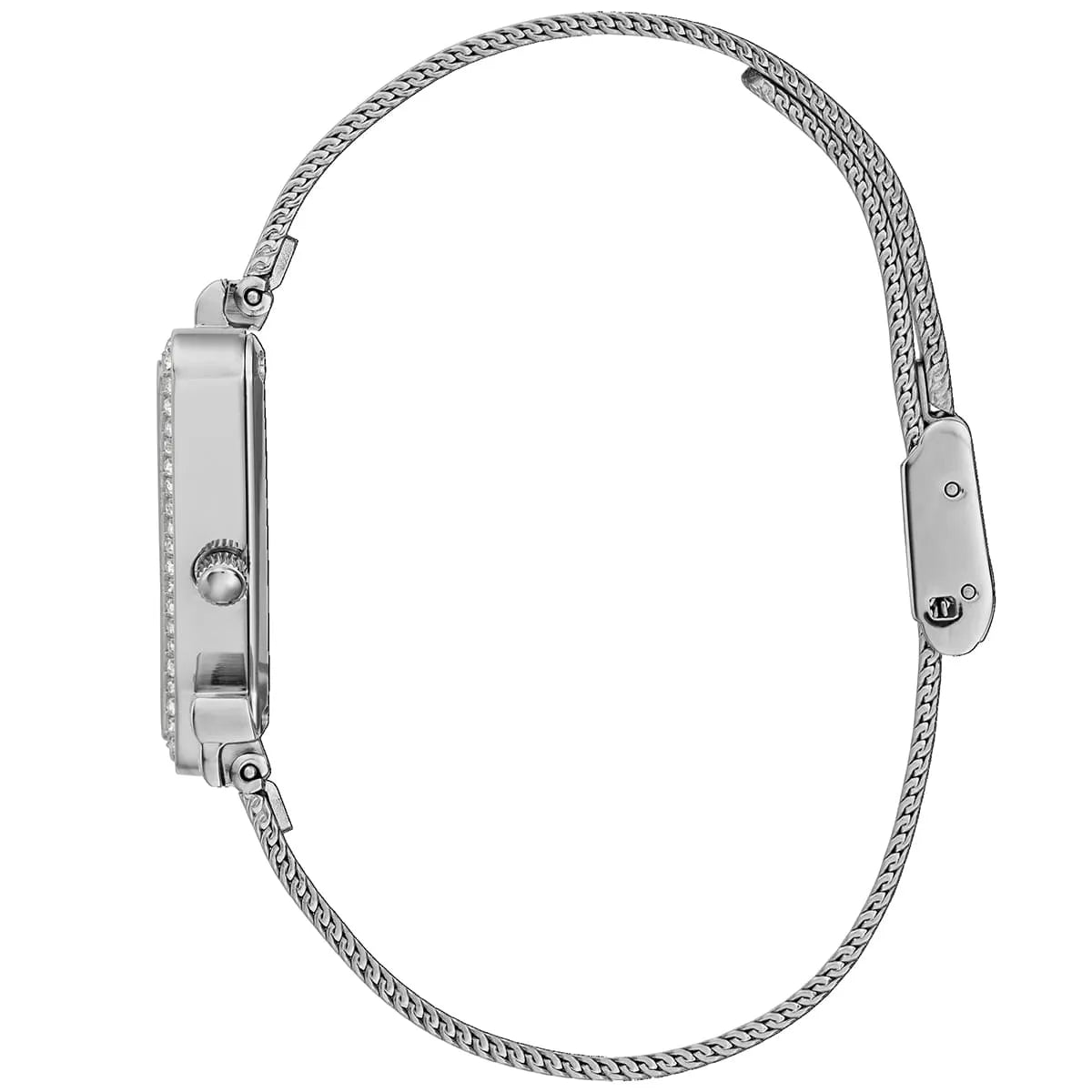 Guess Fame silver mesh bracelet worn on wrist showing clasp and band texture