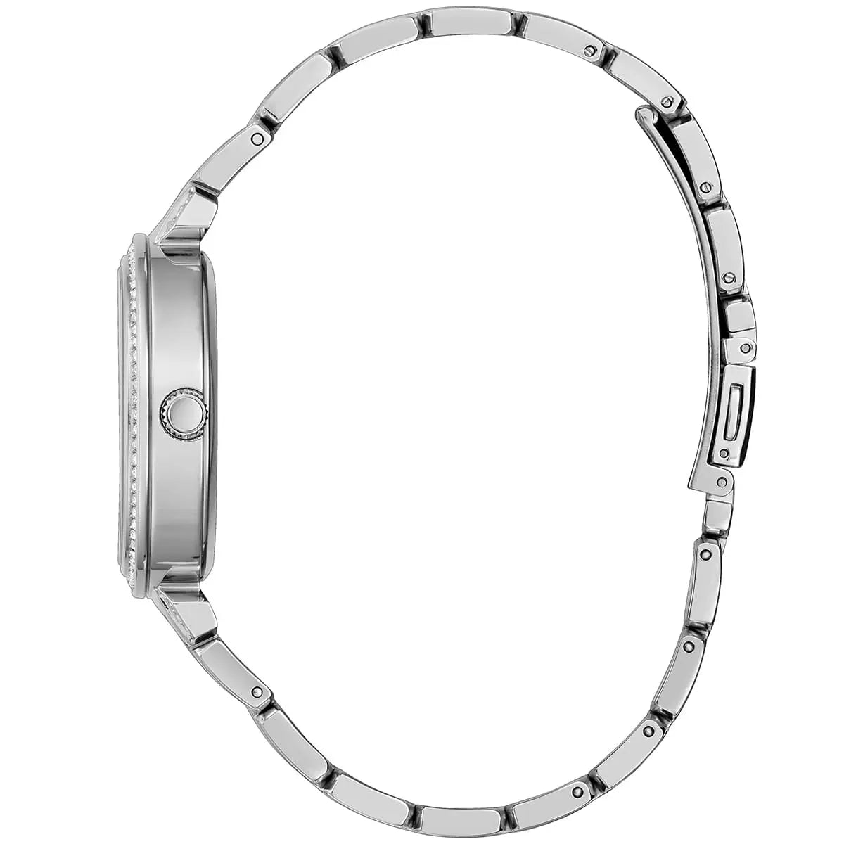Guess Lily women's watch side view showing case profile and steel bracelet links