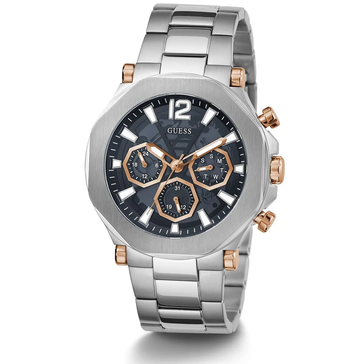 Guess GW0539G1 chronograph watch angled view showing black dial with three rose gold subdials and metal bracelet
