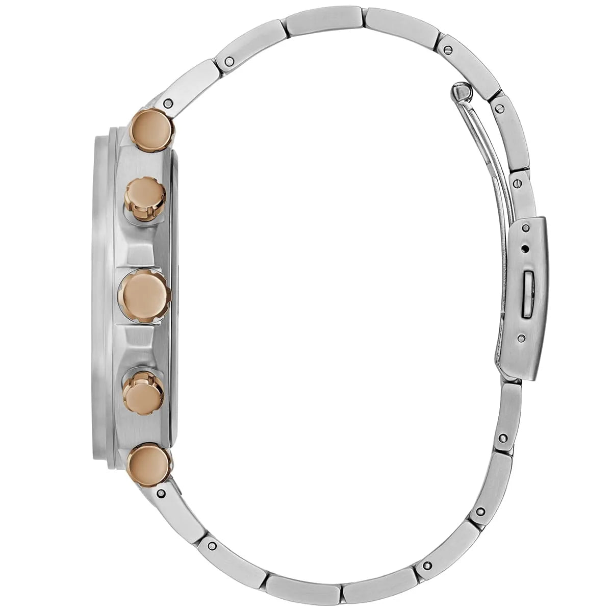 Guess GW0539G1 watch case back view showing stainless steel bracelet and rose gold chronograph pushers