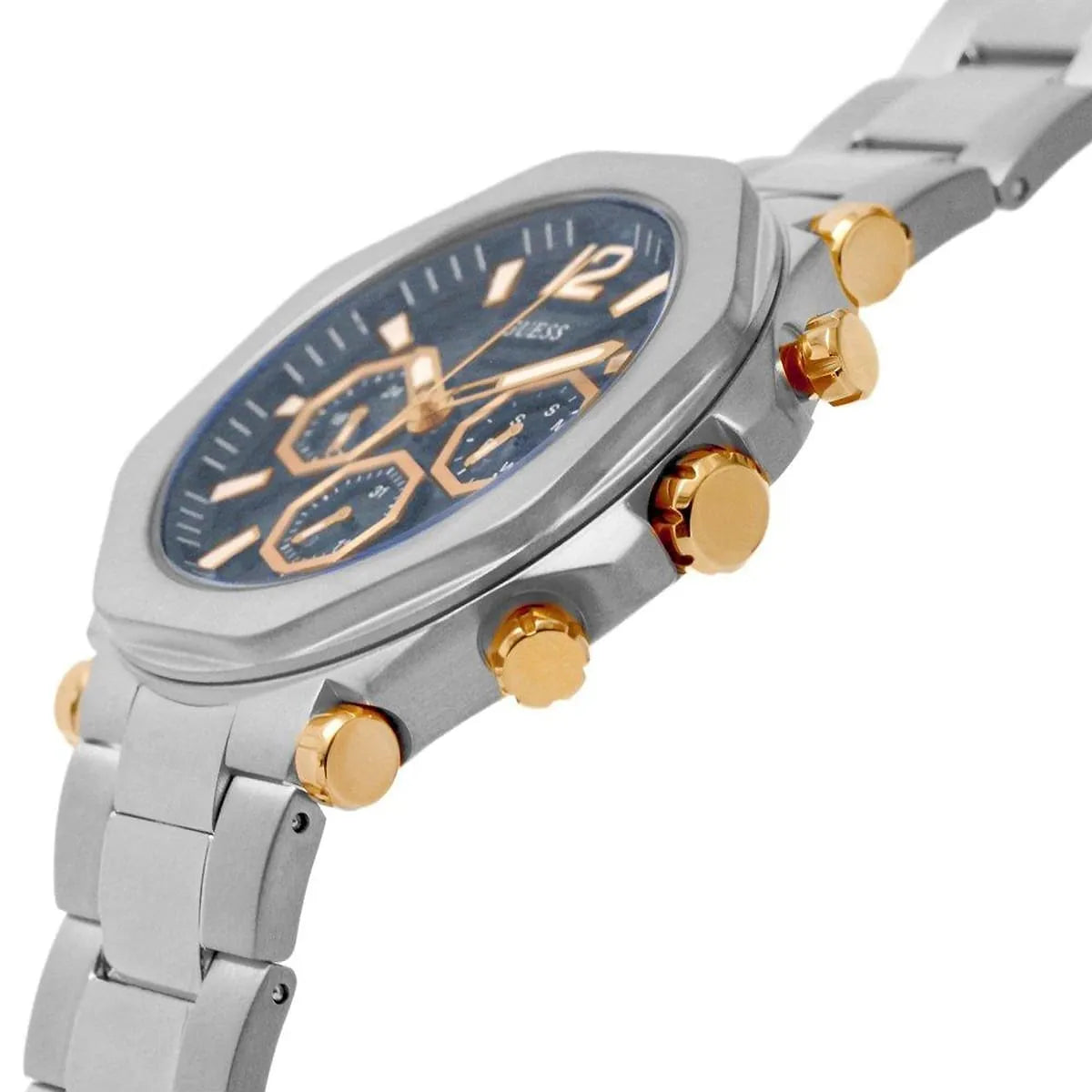 Guess GW0539G1 watch dial detail showing black face with rose gold chronograph subdials and gold hour markers