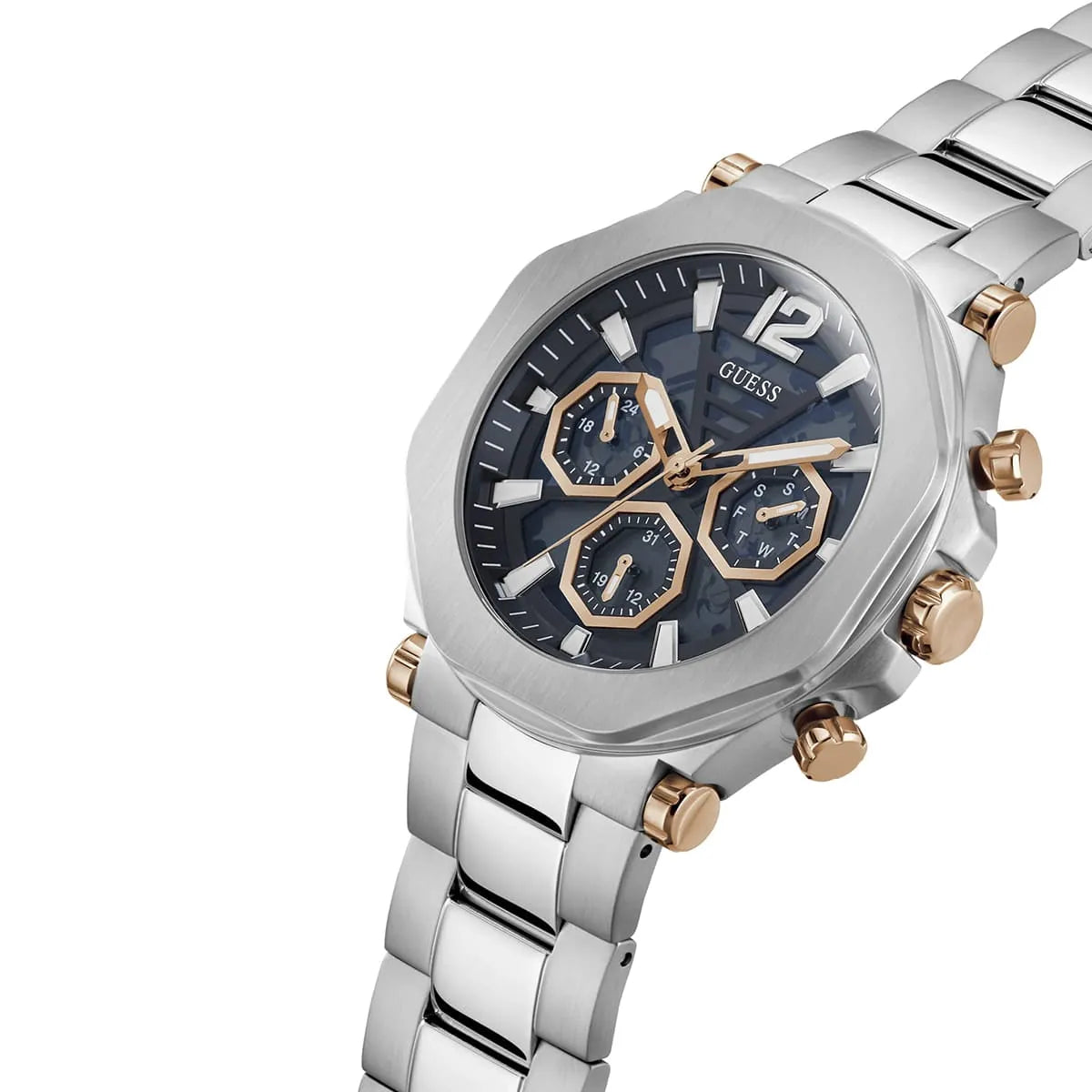 Guess GW0539G1 men's chronograph watch side profile with stainless steel bracelet and rose gold pushers