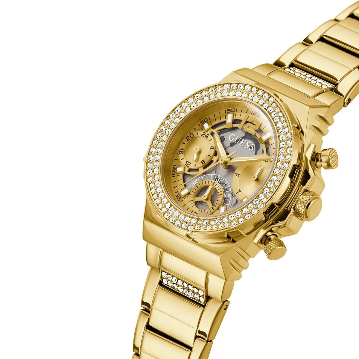 Guess Fusion women watch on wrist showing crystal bezel and chronograph pushers