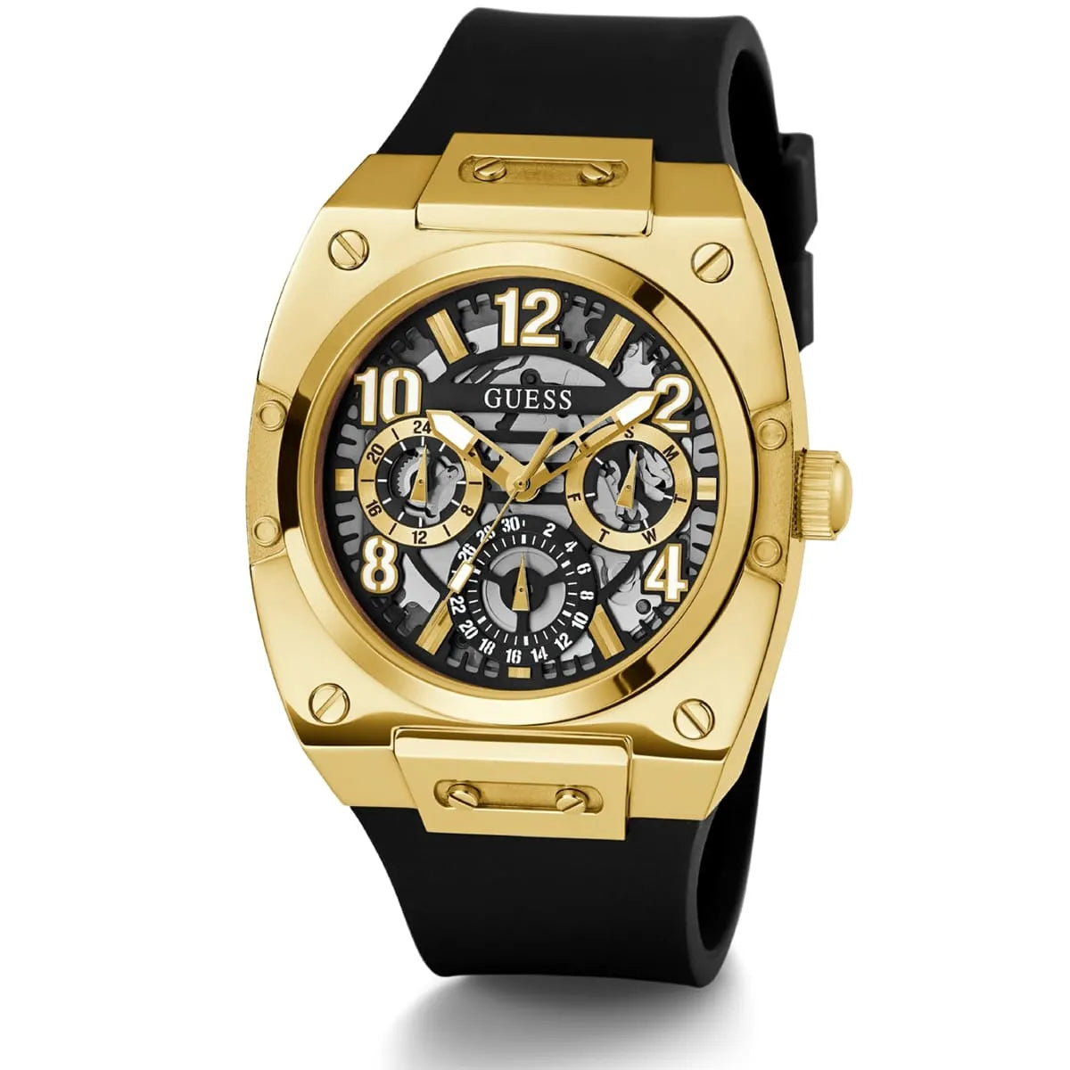 Guess GW0569G2 three-quarter view showing gold-tone case and skeleton dial design
