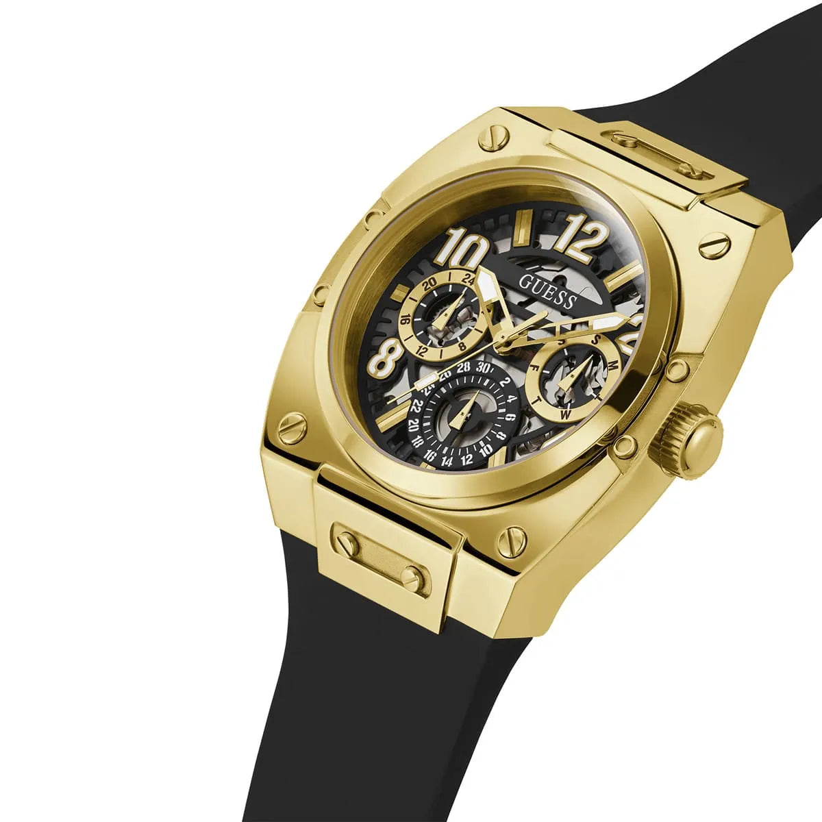 Guess GW0569G2 worn on wrist showing gold case and skeleton movement detail