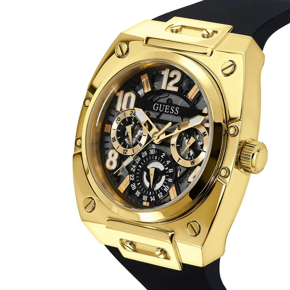 Guess GW0569G2 side profile with gold tonneau case and black rubber strap