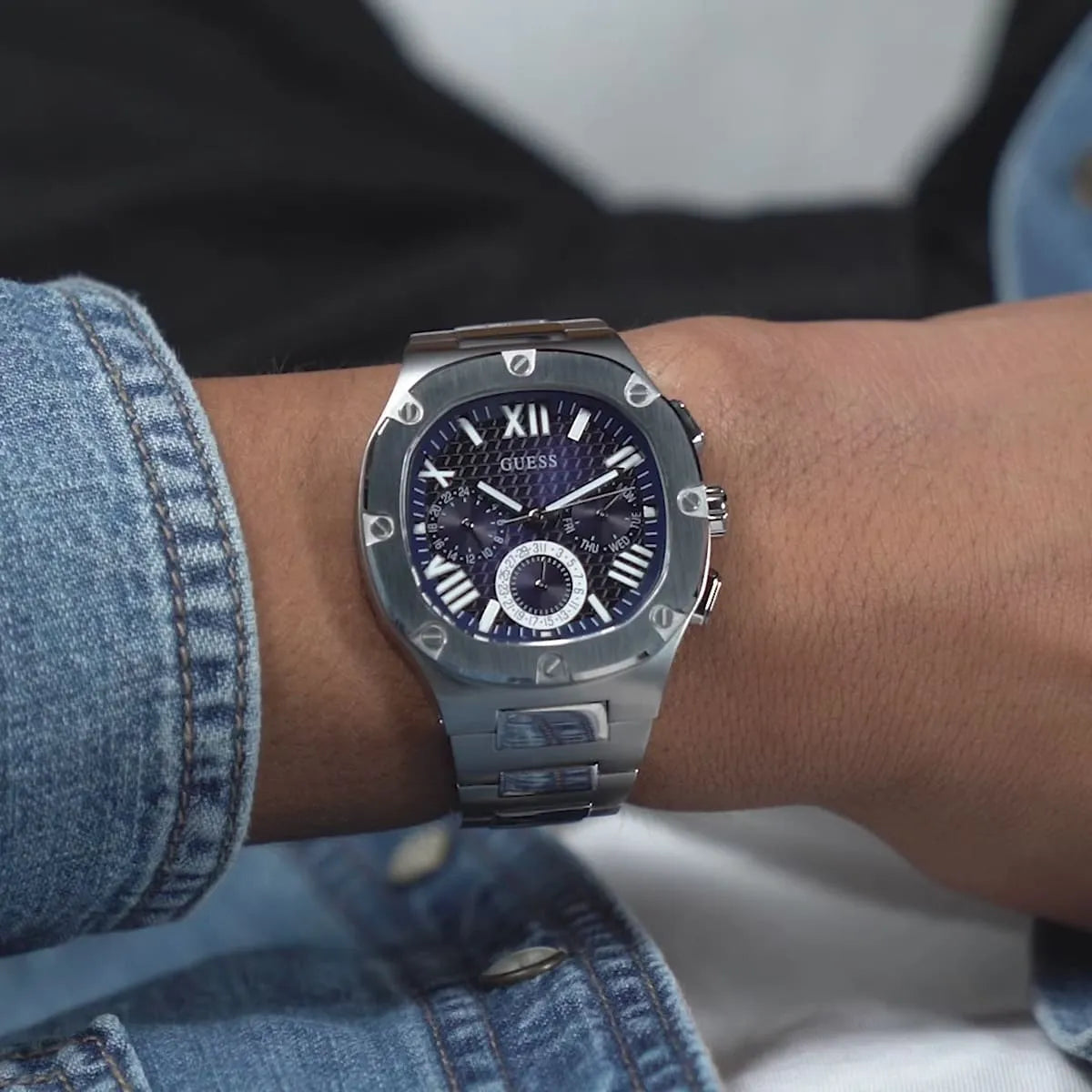 Guess Headliner Multifunction Blue Dial Silver Steel Strap Men Watch - GW0572G1