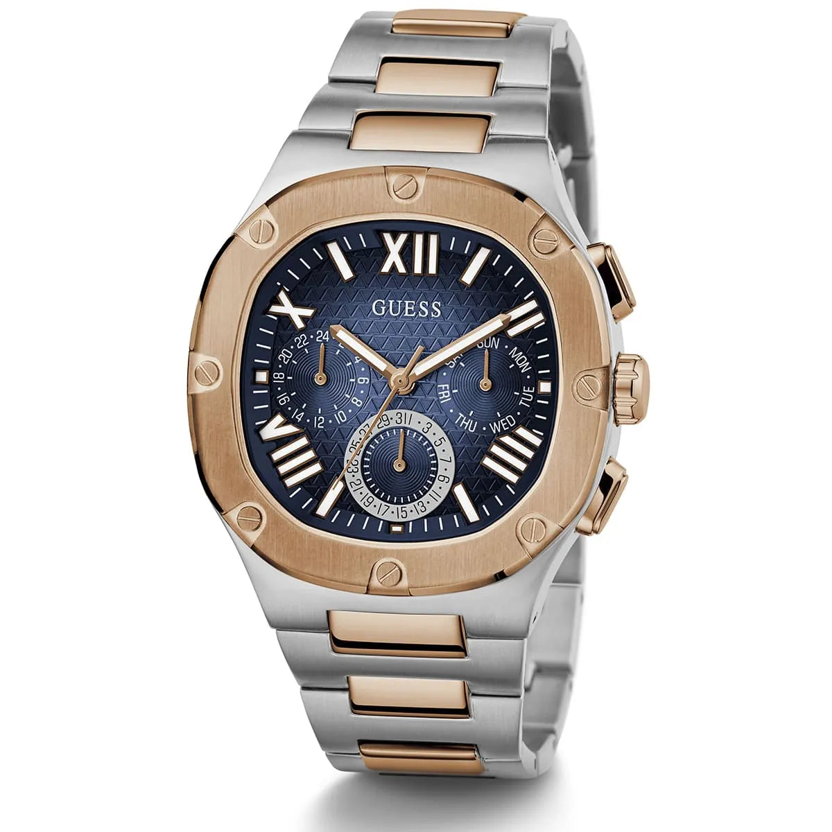 Guess Headliner multifunction watch showing blue textured dial and rose gold accents