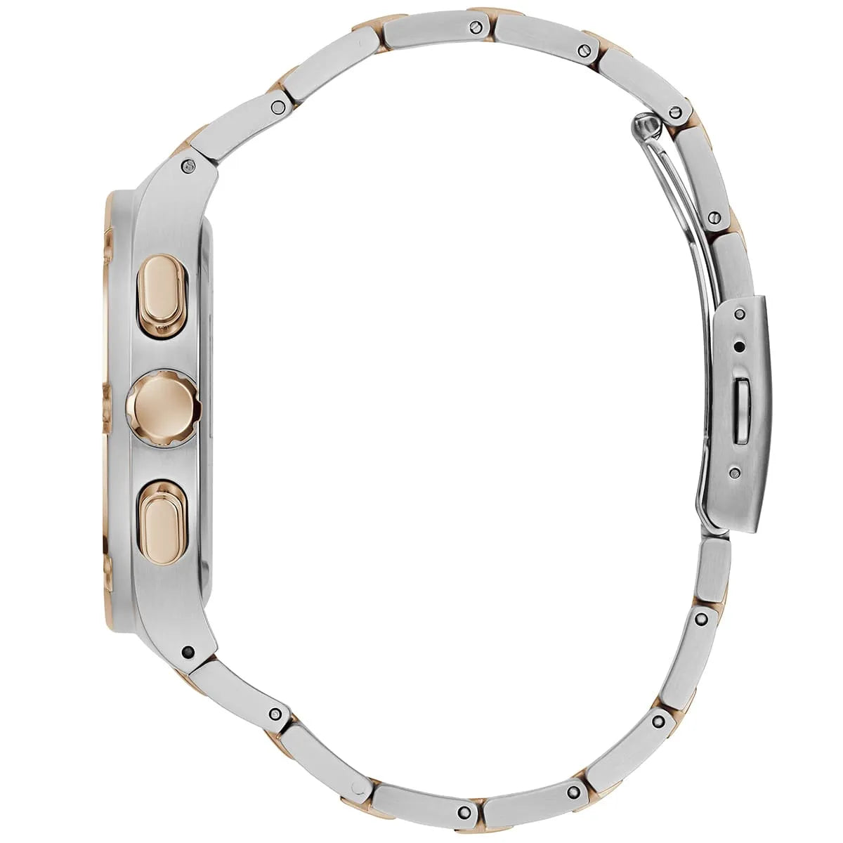 Caseback view of Guess Headliner showing stainless steel with rose gold elements