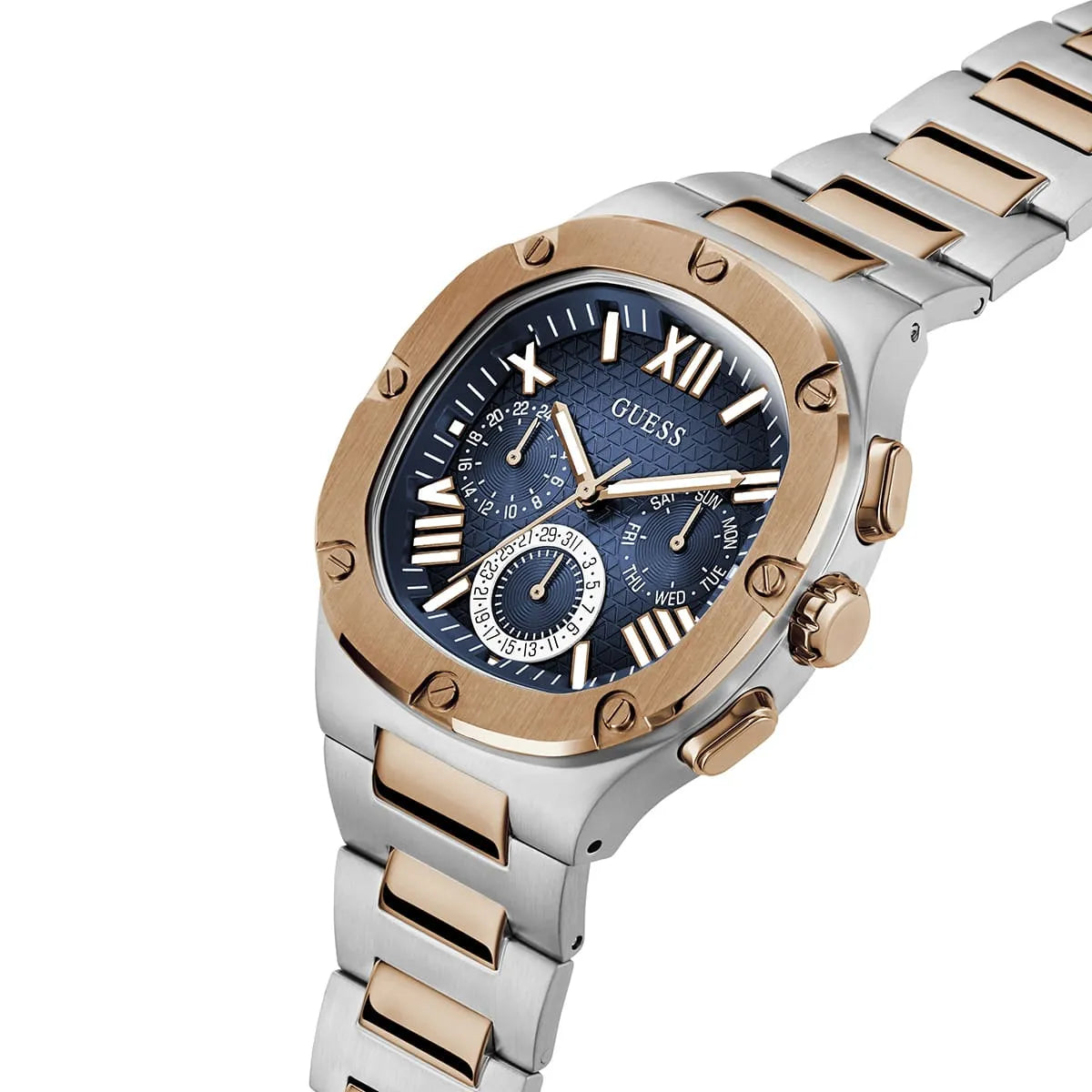 Side view of Guess Headliner watch with two-tone steel and rose gold strap