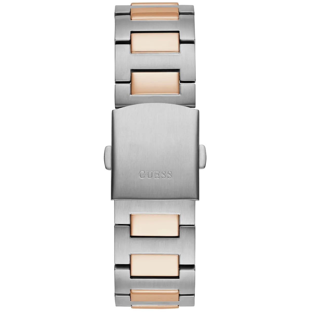 Two-tone steel and rose gold link strap detail of Guess Headliner watch