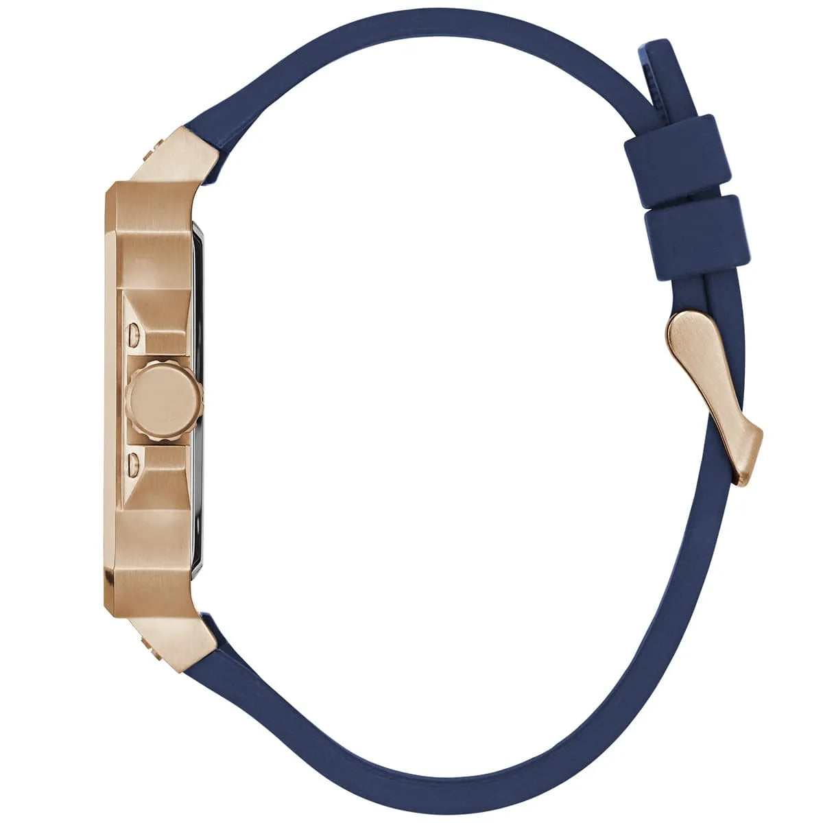GUESS GW0637G3 side profile showing rose gold case lugs and blue rubber strap