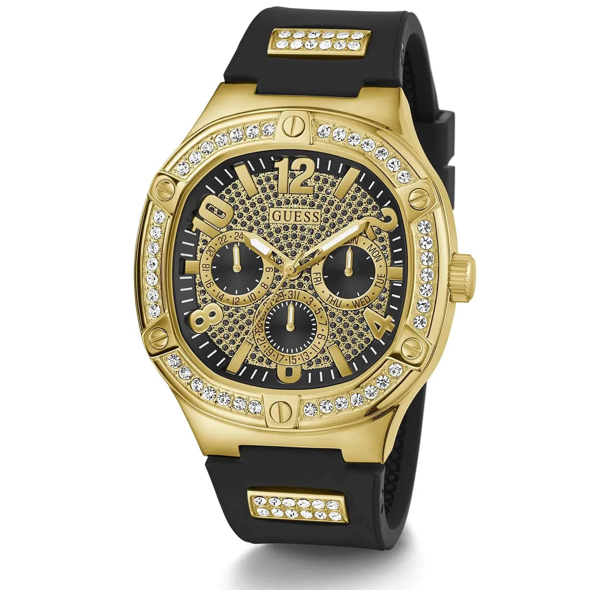 Guess GW0641G2 watch angled view showing gold case with crystal bezel and black sub-dials