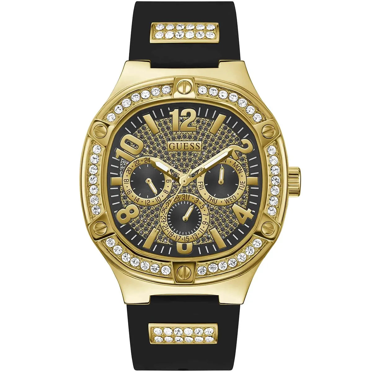 Guess GW0641G2 gold square dial chronograph watch with crystal-set bezel and black rubber strap