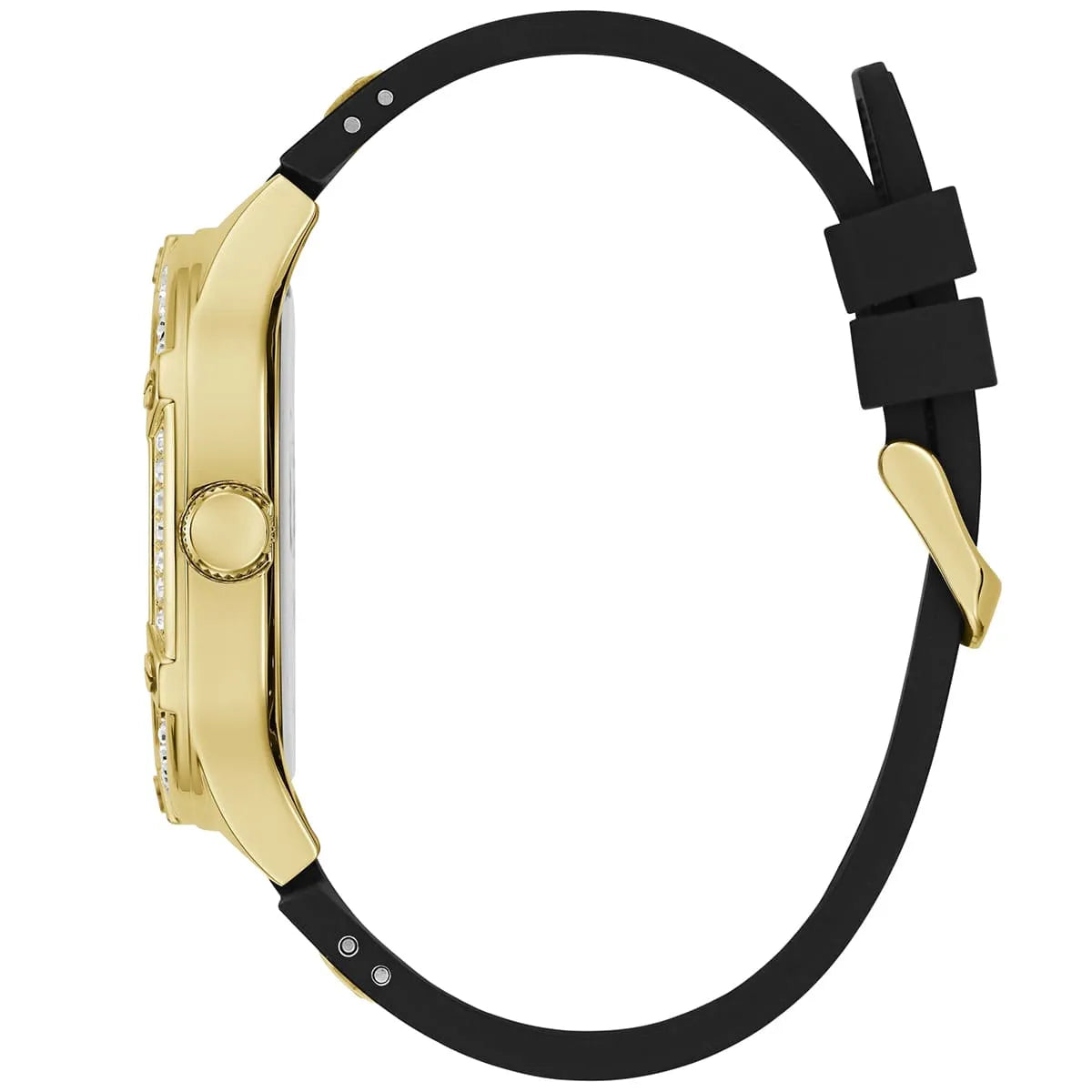Guess GW0641G2 watch side profile showing gold tonneau case and black rubber strap