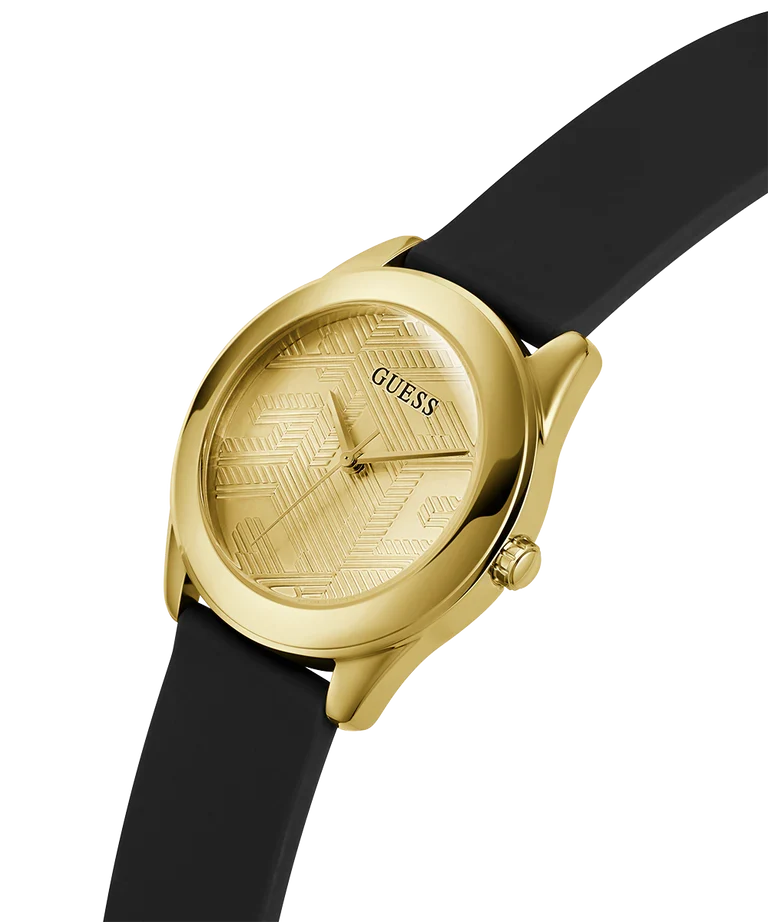 Guess Cubed GW0665L1 watch angled view showing gold case and black leather strap