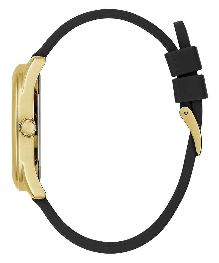 Guess Cubed GW0665L1 side profile showing gold case depth and black strap attachment