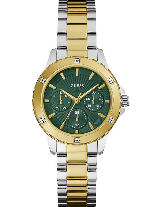Guess Mist women's watch with green dial, gold bezel, two-tone steel bracelet