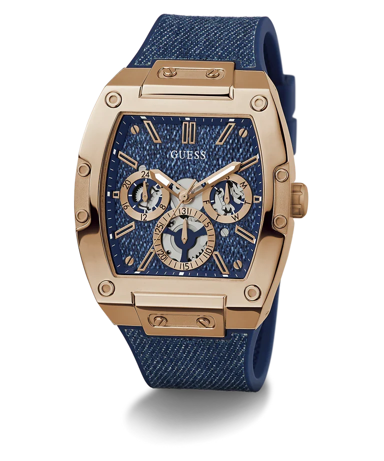 Side angle view of GUESS GW0786G2 chronograph watch with rose gold and blue elements