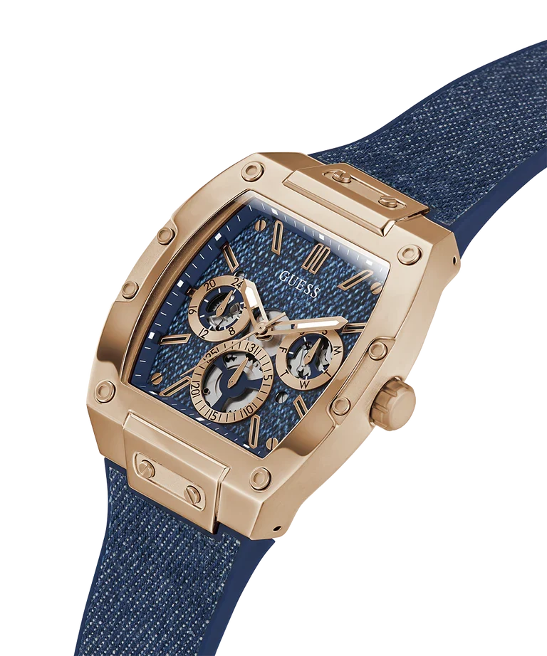 Close-up of GUESS GW0786G2 dial showing blue face with rose gold chronograph subdials