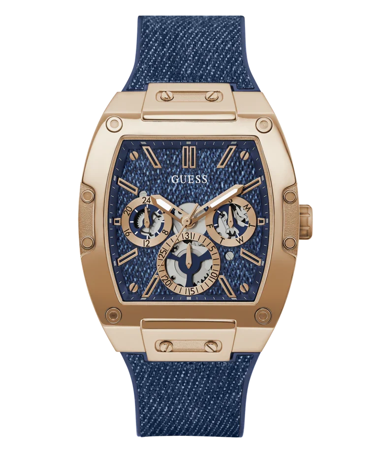 GUESS GW0786G2 men's watch with rose gold case, blue dial, and blue strap