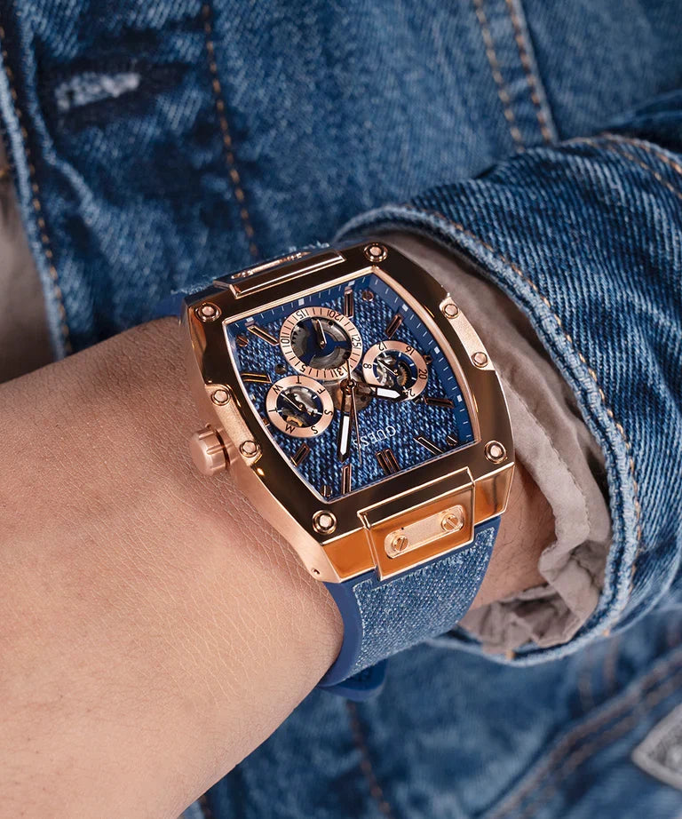 GUESS GW0786G2 watch worn on wrist with blue denim strap and rose gold case