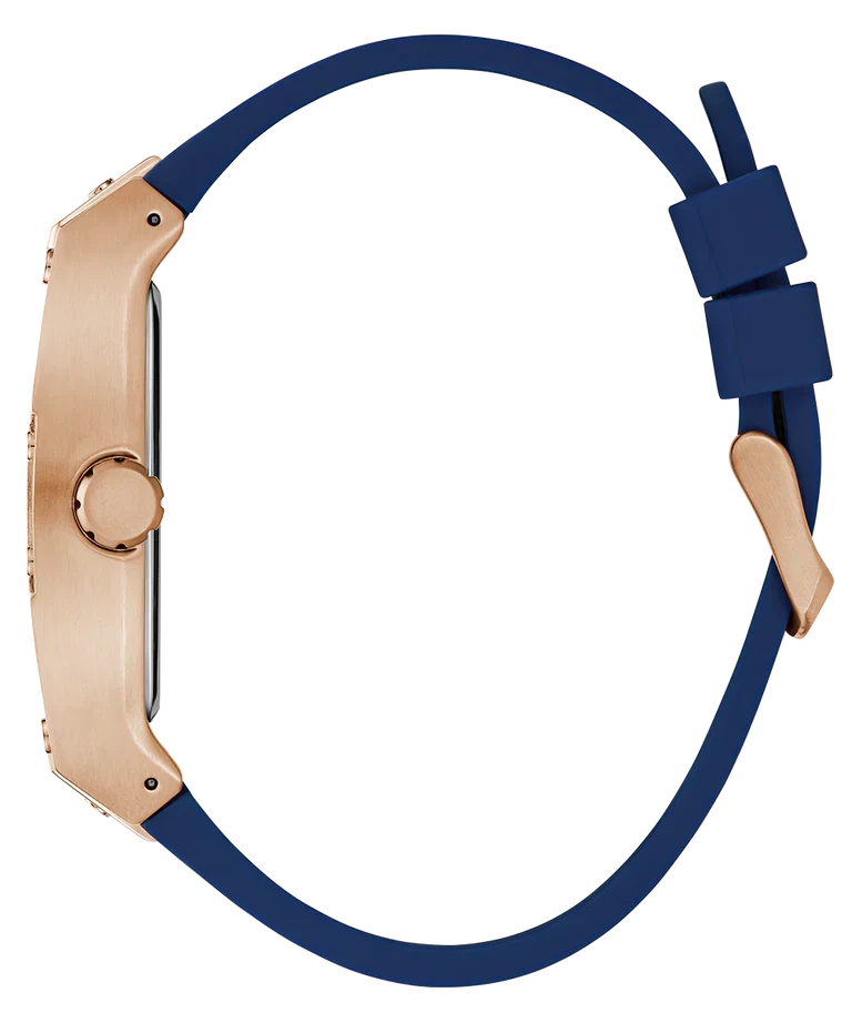 Side profile of GUESS GW0786G2 with rose gold case and blue textile strap
