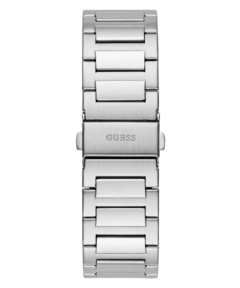 GUESS GW0789G1 caseback showing silver stainless steel with GUESS engraving