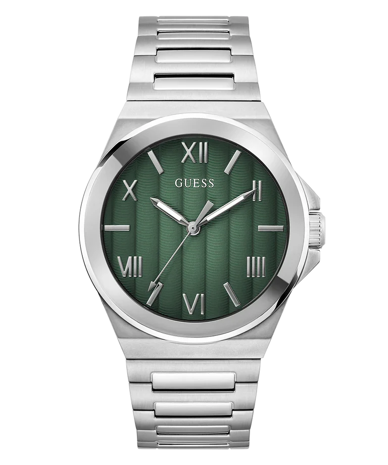 GUESS GW0789G1 silver tone mens watch with green dial and Roman numeral markers