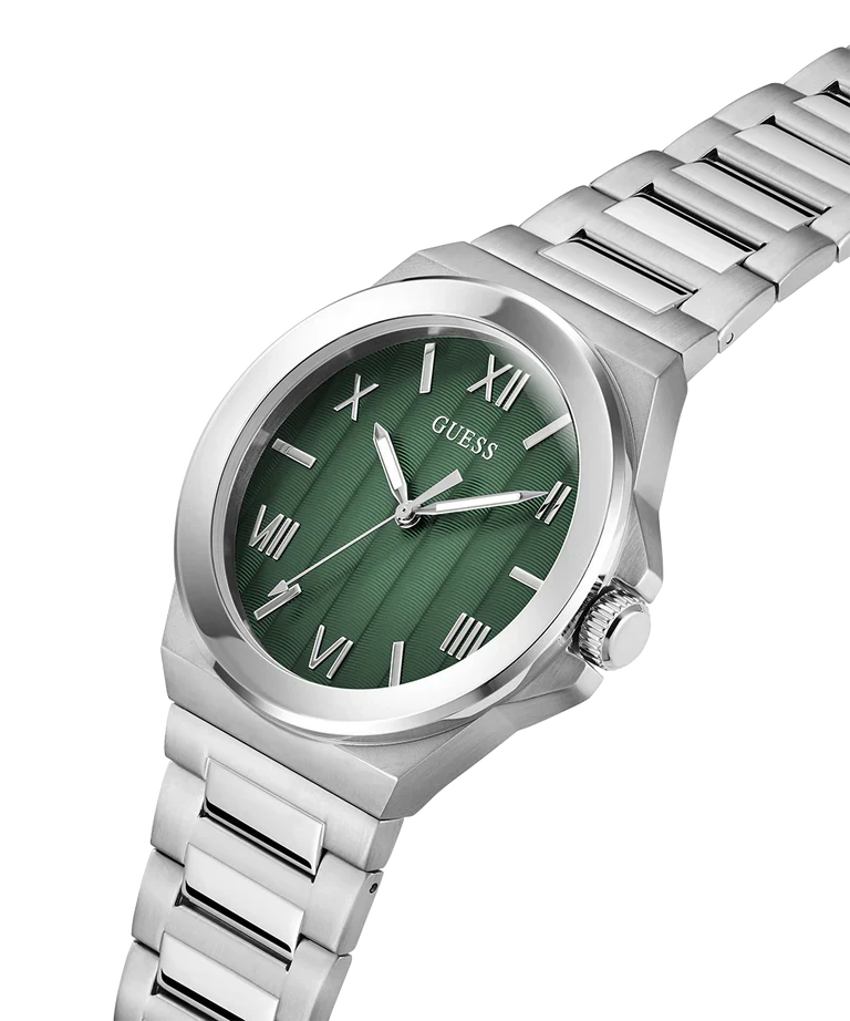 GUESS GW0789G1 watch side profile showing silver tone case and metal bracelet