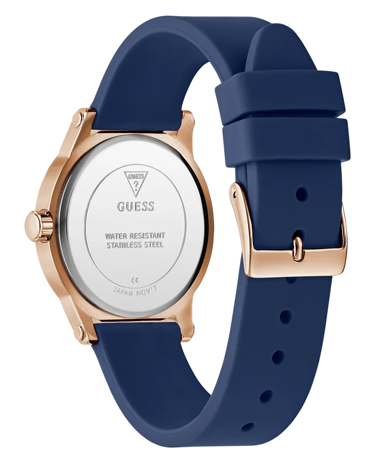 GUESS watch caseback showing stainless steel construction with water resistant and model details