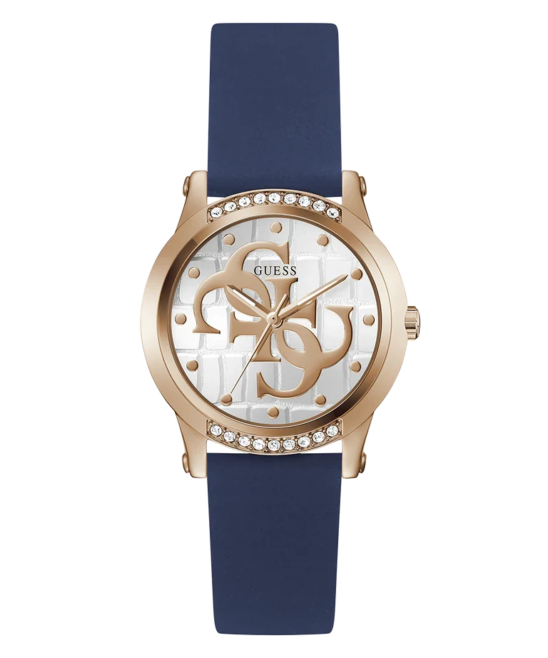 GUESS rose gold ladies watch with white dial, decorative rose gold logo, and crystal-set bezel