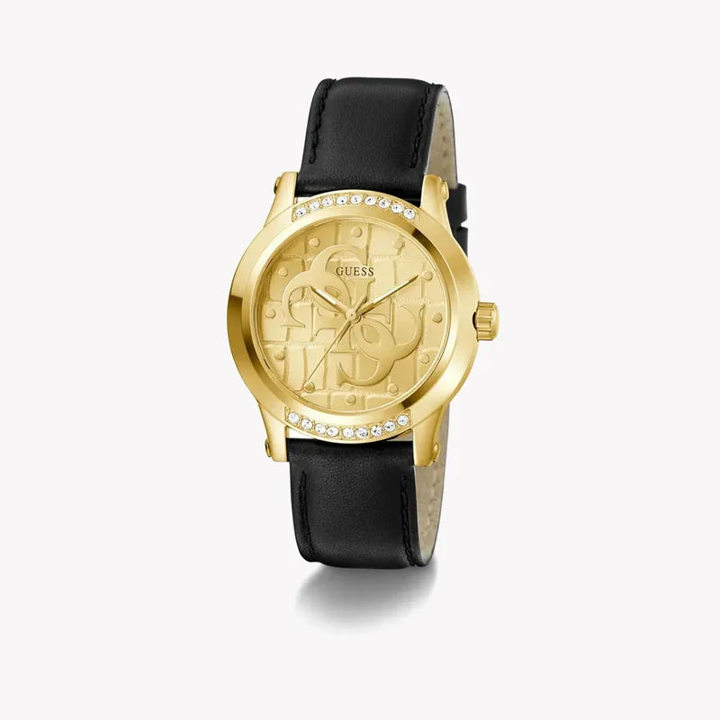 GUESS gold women's watch at angle with black leather strap and crystal bezel