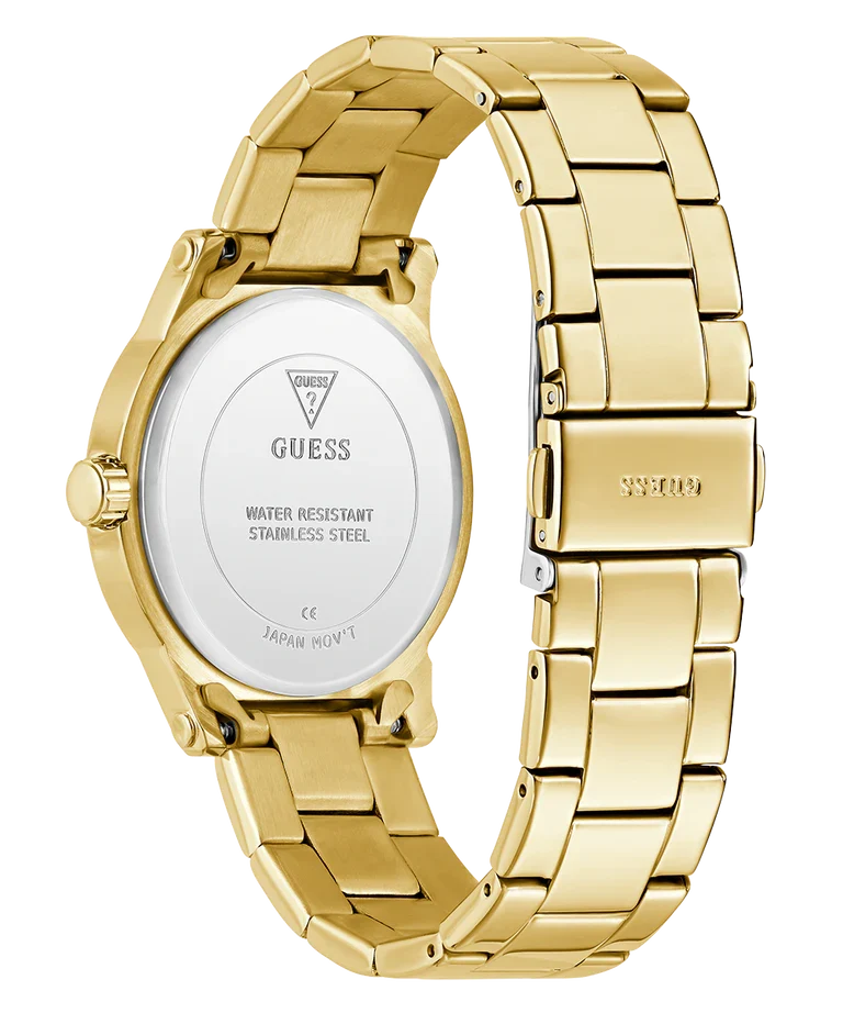 Gold watch caseback showing water resistant stainless steel markings