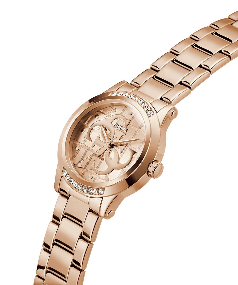 GUESS rose gold watch angled view showing crystal-set bezel and rose gold metal bracelet links