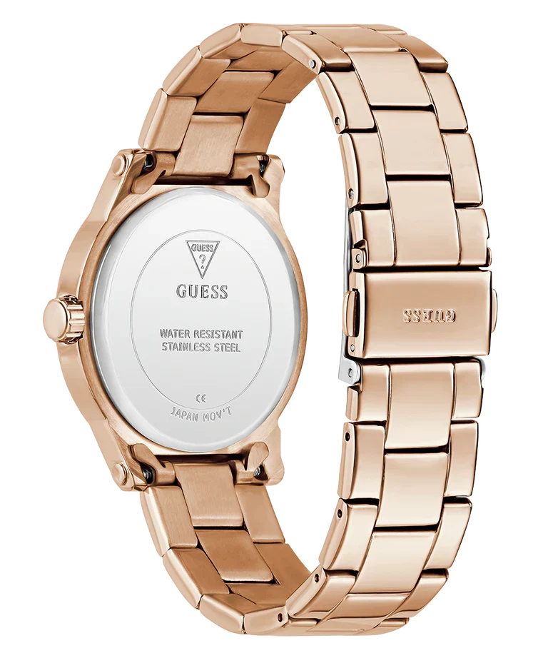 GUESS watch case back showing stainless steel, water resistant marking, and Japanese movement