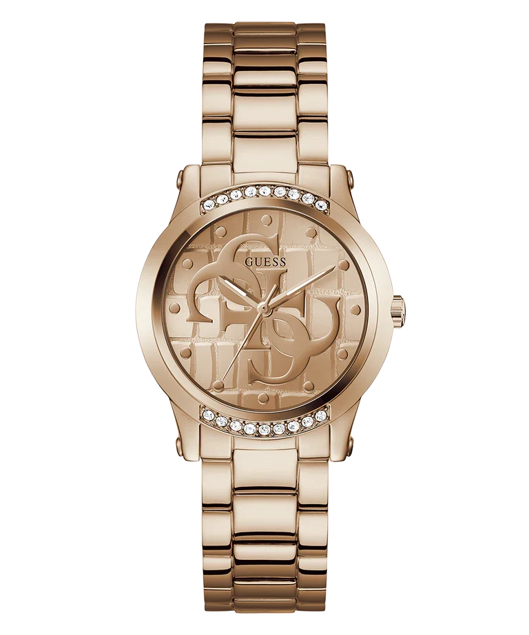 GUESS rose gold tone ladies watch with round dial, crystal bezel, embossed face and link bracelet