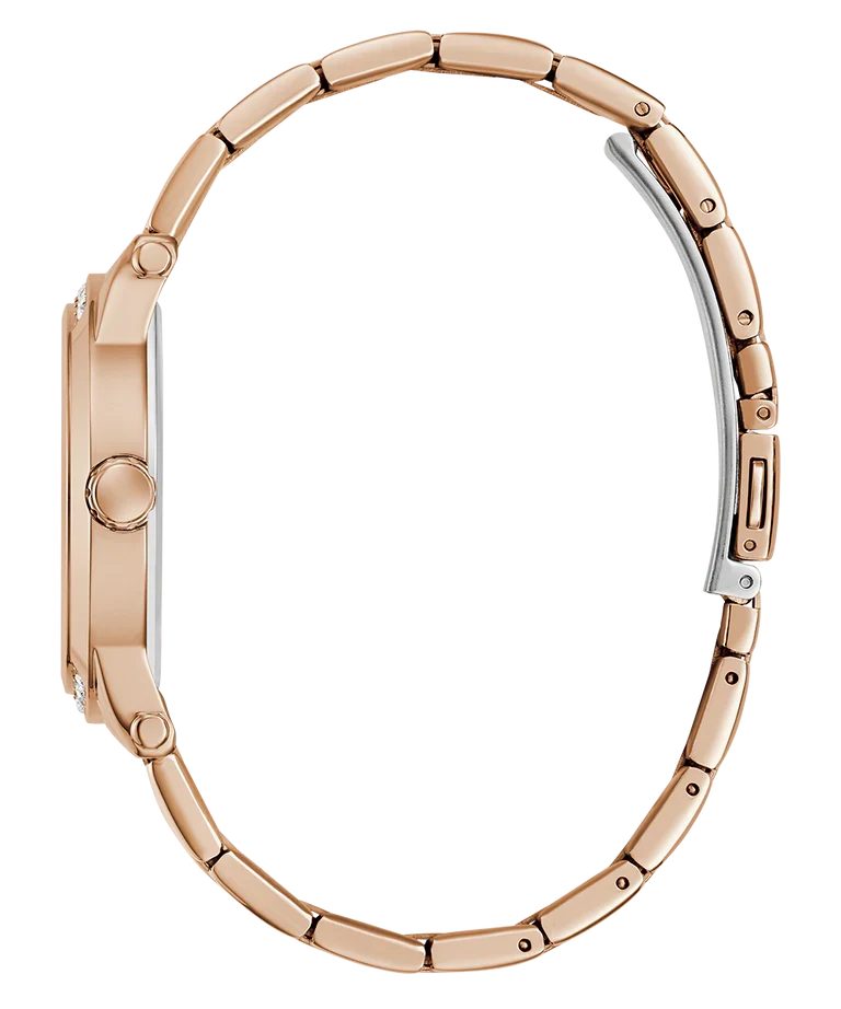 GUESS rose gold watch side profile showing case depth and rose gold metal band
