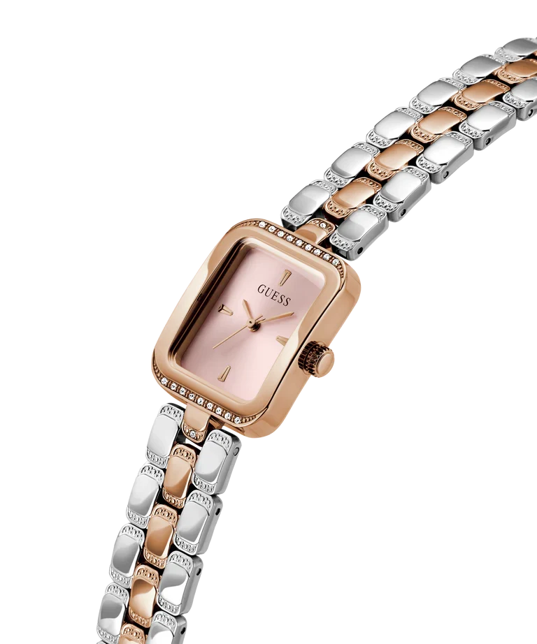 GUESS GW0865L5 angled view showing two-tone rose gold and silver bracelet with rectangular case