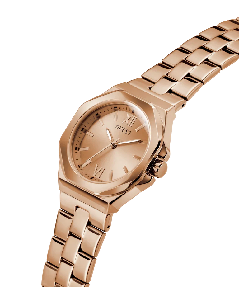 Guess Empress rose gold watch side profile showing case thickness and bracelet links
