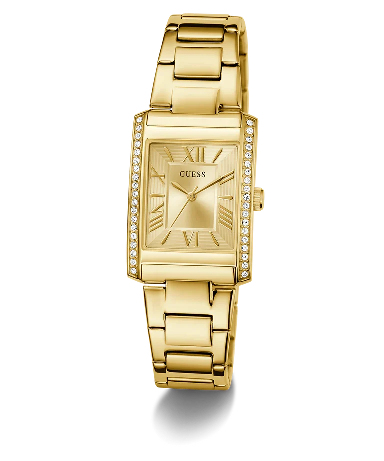 GUESS GW0874L4 gold tone watch angled view showing rectangular case and link bracelet