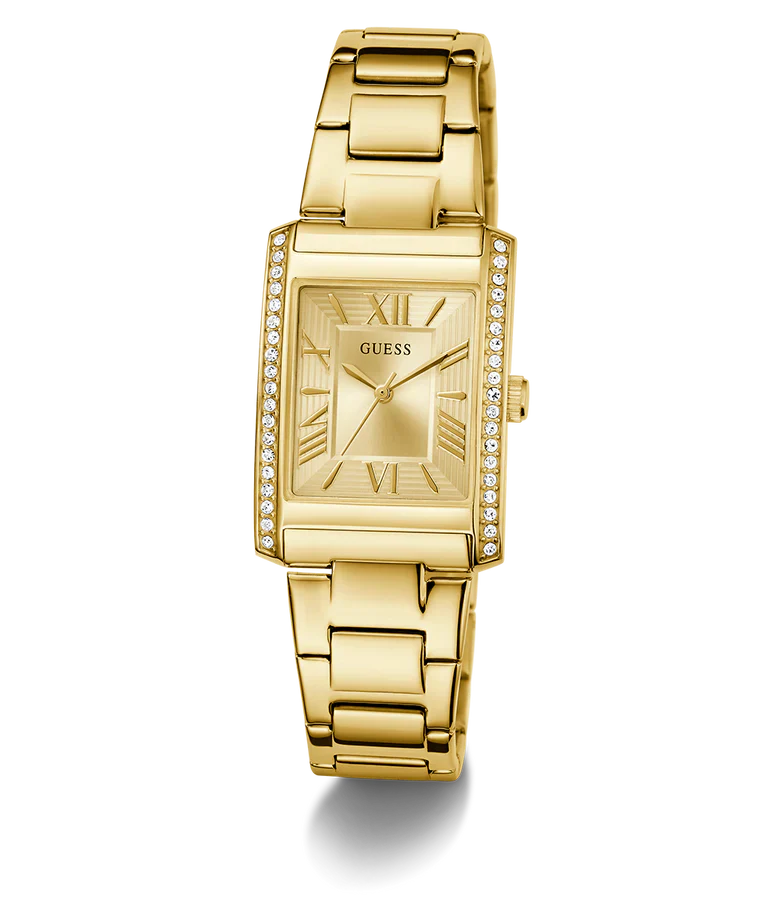 GUESS GW0874L4 gold tone watch angled view showing rectangular case and link bracelet