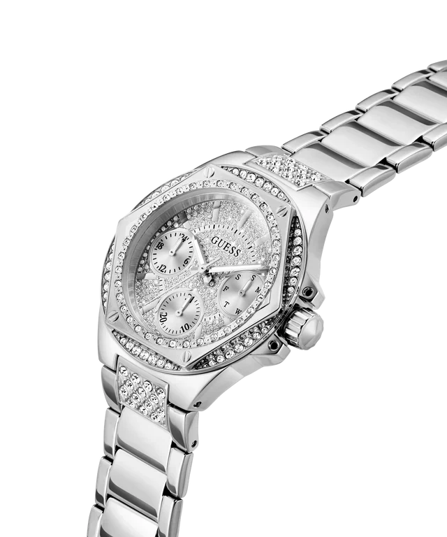 GUESS GW0878L1 women's watch at angle showing crystal bezel and stainless steel band