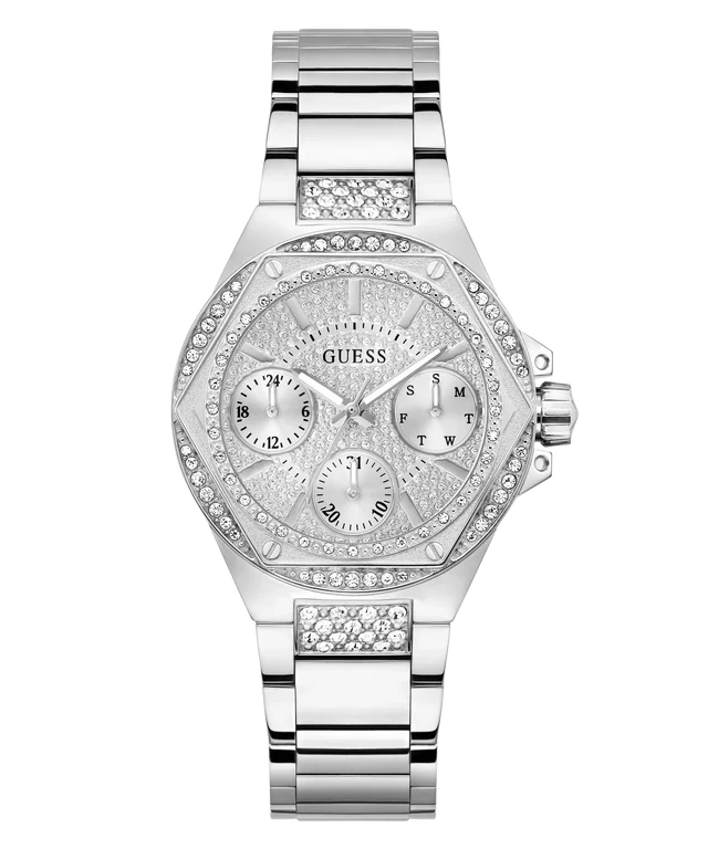 GUESS GW0878L1 silver quartz women's watch with crystal-embellished dial and chronograph subdials