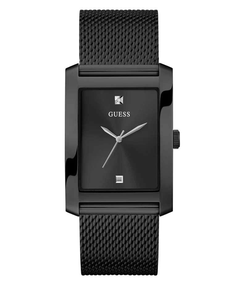 GUESS black analog men's watch with rectangular dial and black mesh strap