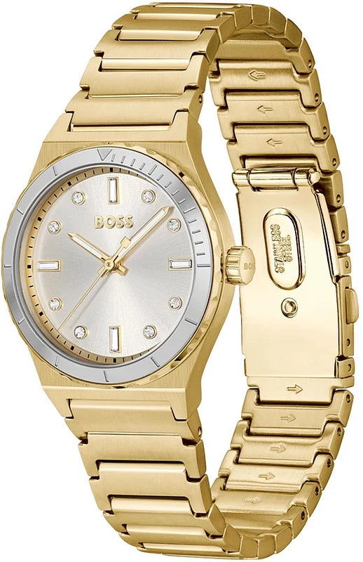 Hugo Boss Candor Sport women's watch with gold-tone bracelet shown at angle