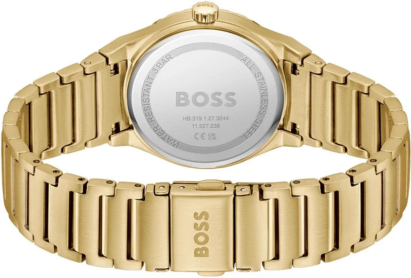 Hugo Boss Candor Sport caseback showing gold-tone case and bracelet strap