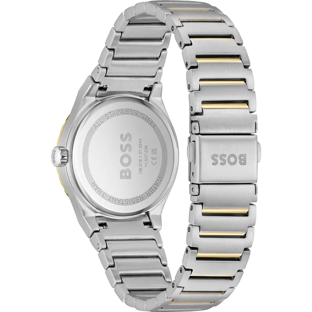Hugo Boss Candor Sport women's watch caseback and side view showing two-tone stainless steel bracelet