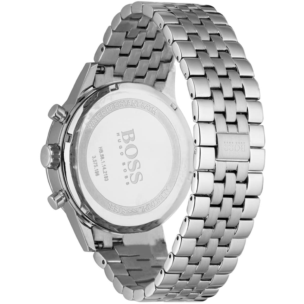 Hugo Boss 1512445 men's chronograph watch back view with stainless steel band